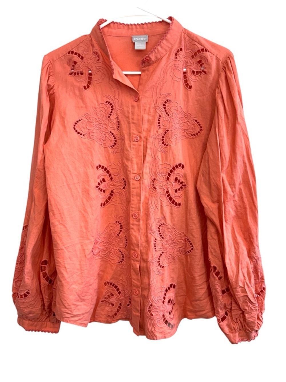 Chicos Linen Blend Button Front Blouse Eyelet Floral Designs Salmon Pink Size 0